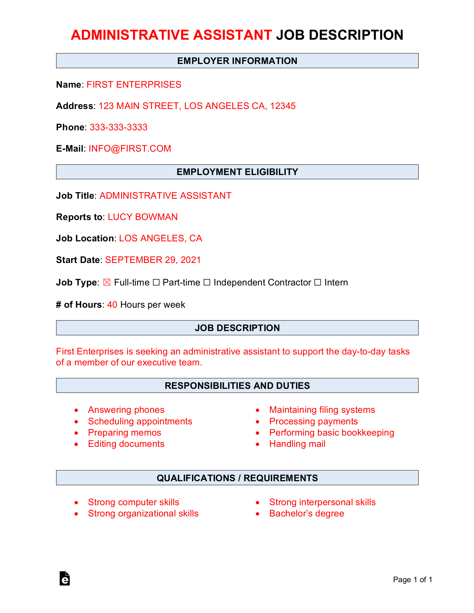 Admin Assistant Job Description