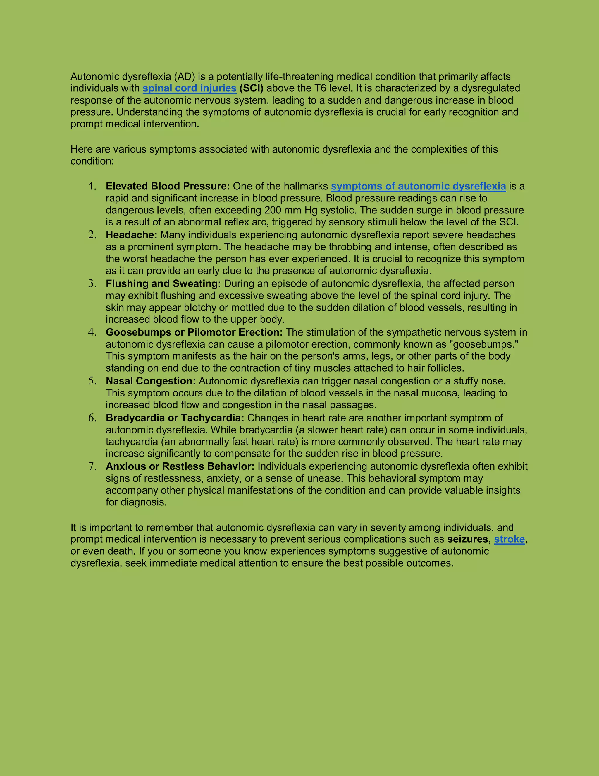 Autonomic Dysreflexia Symptoms