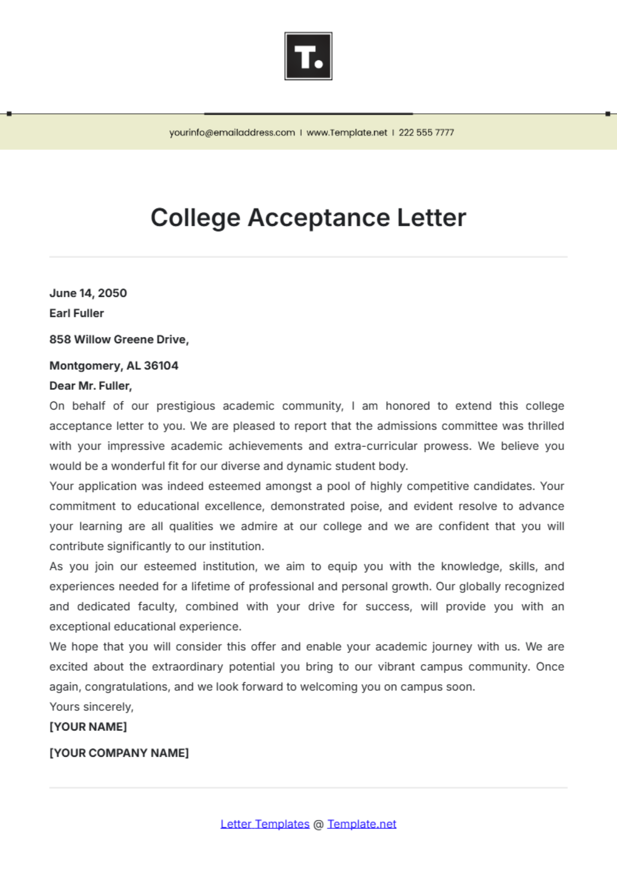 College Acceptance Letter