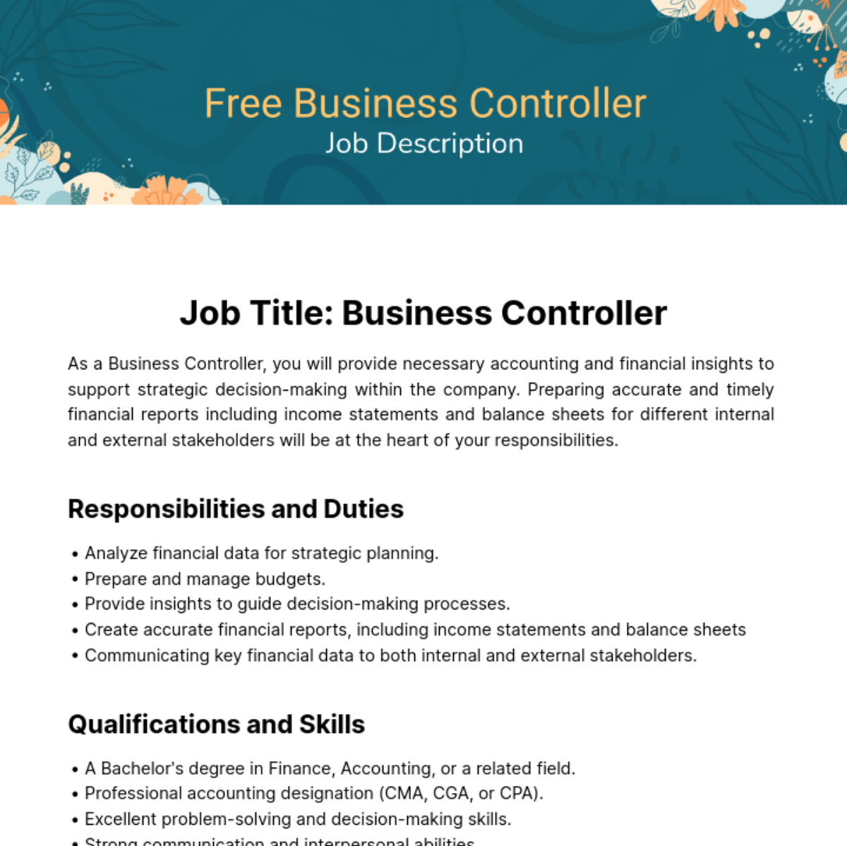 Company Controller Job Description