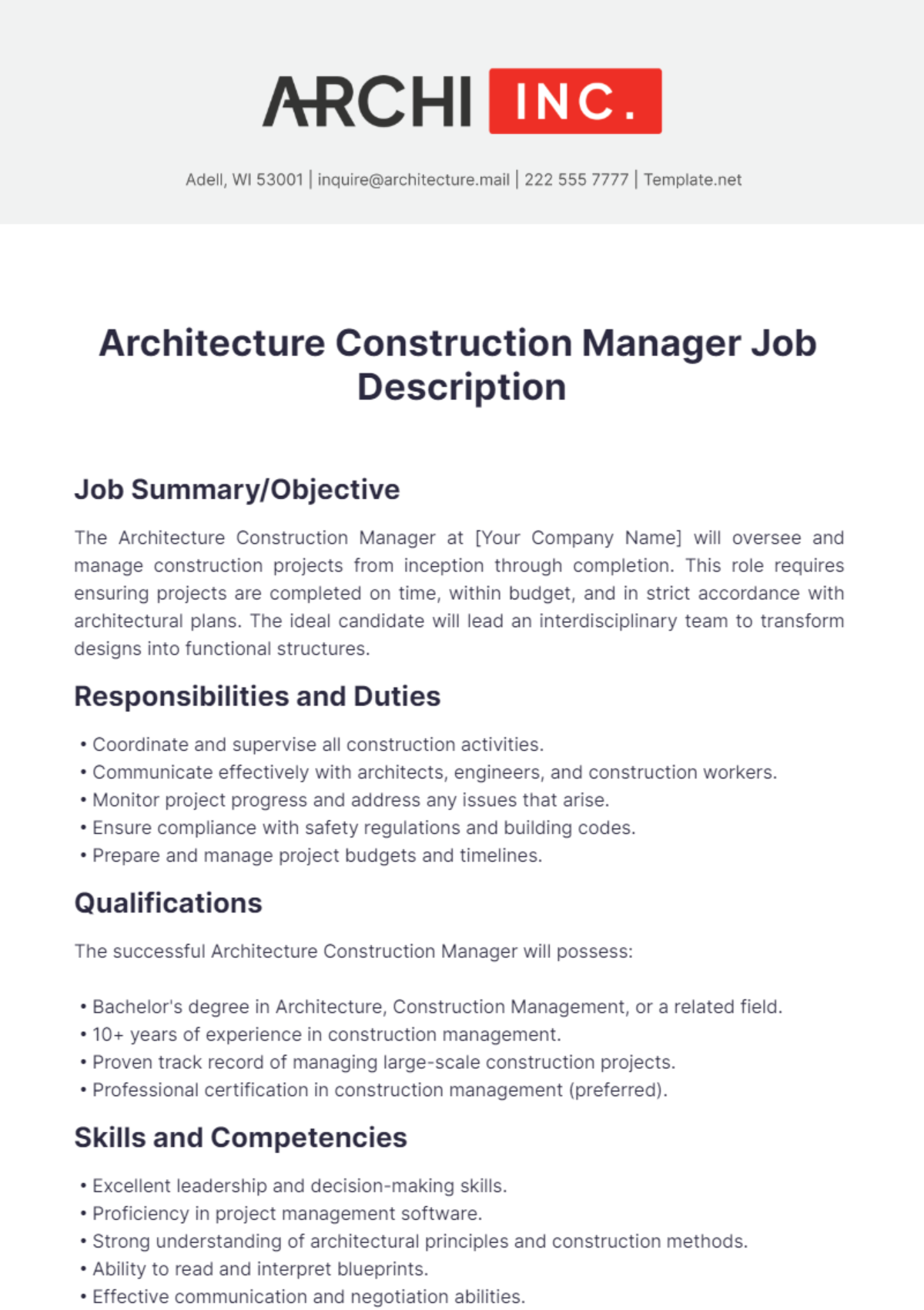 Construction Manager Job Description