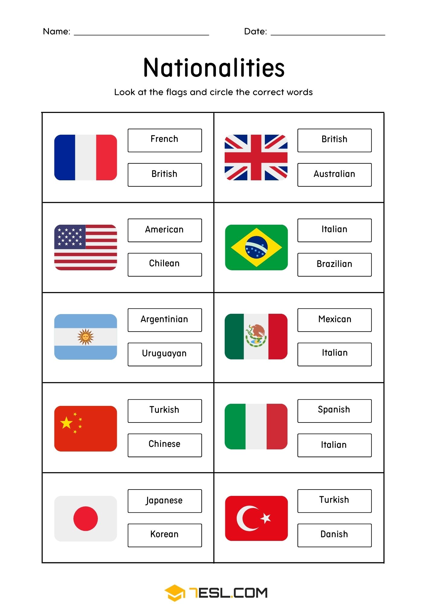 Country Nationality Language Worksheet