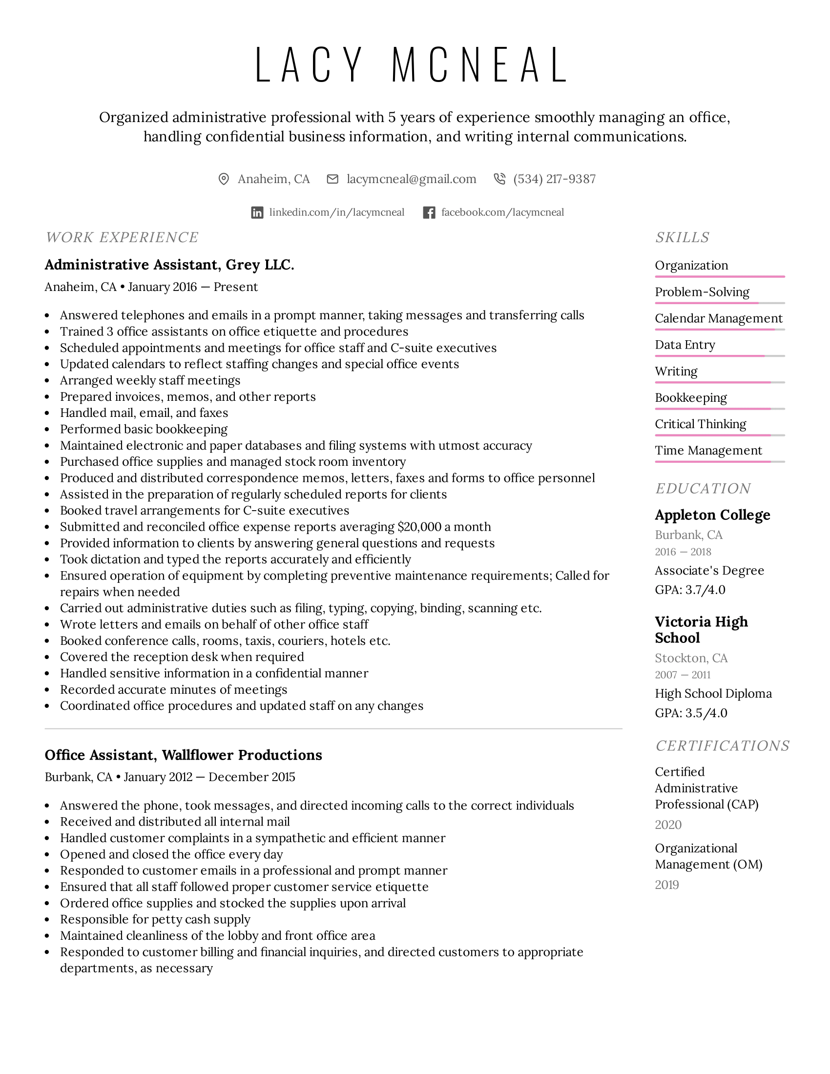 Example Resume Of Administrative Assistant