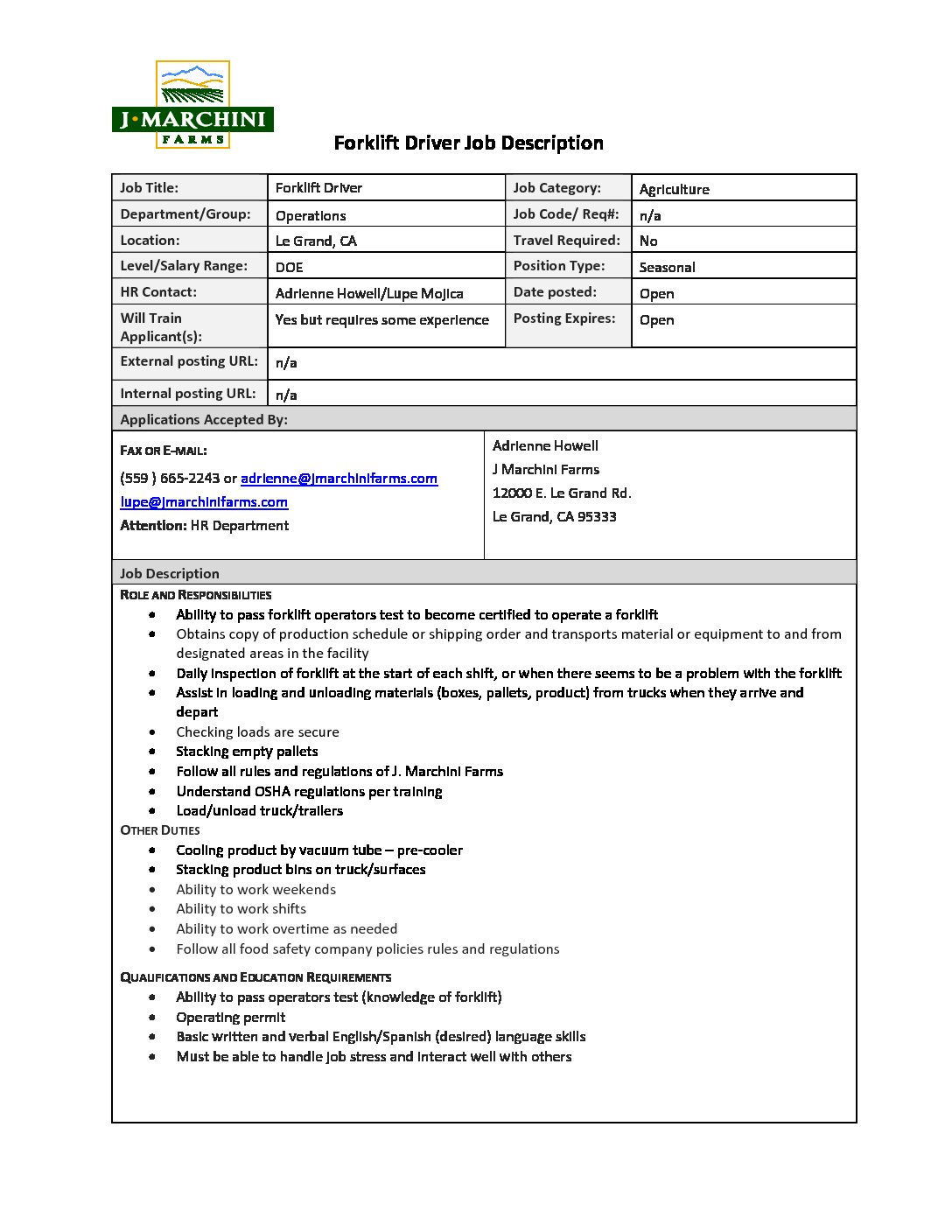 Forklift Driver Job Description
