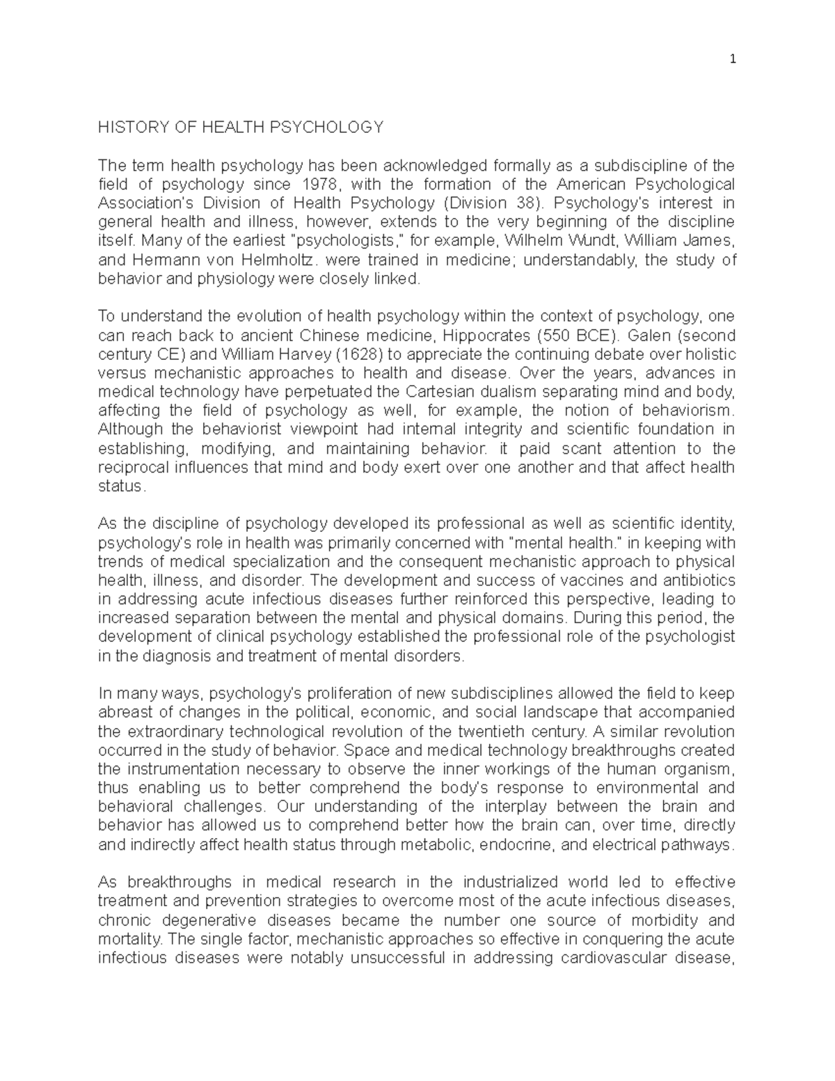 History Of Health Psychology