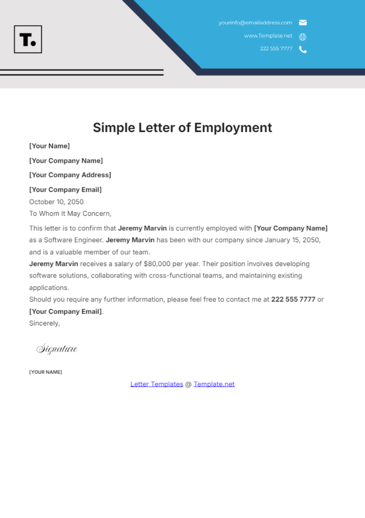 Letter Of Employment Template