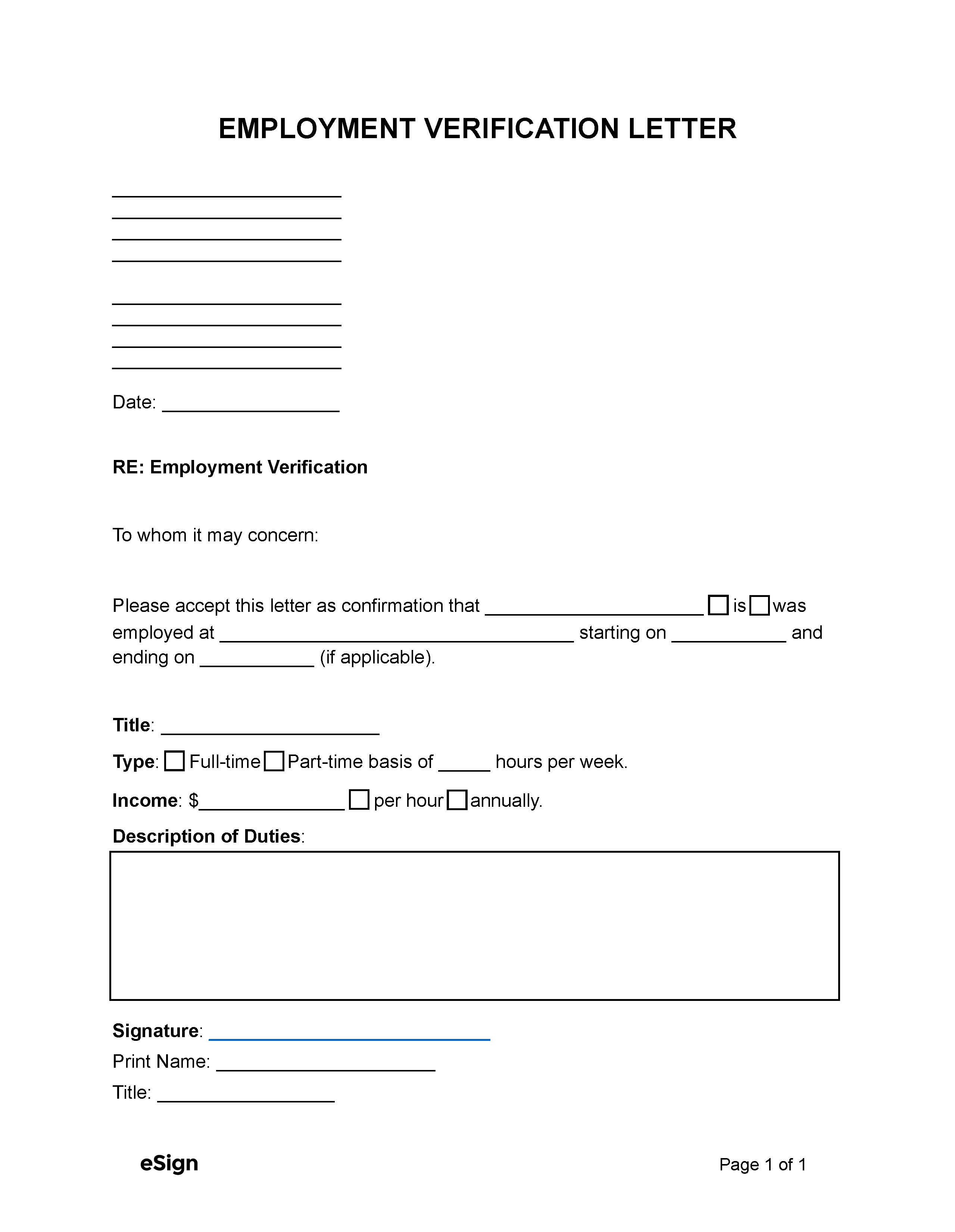 Letter Of Verification Of Employment