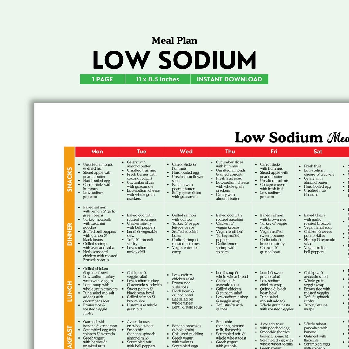 Low Salt Diet Menu