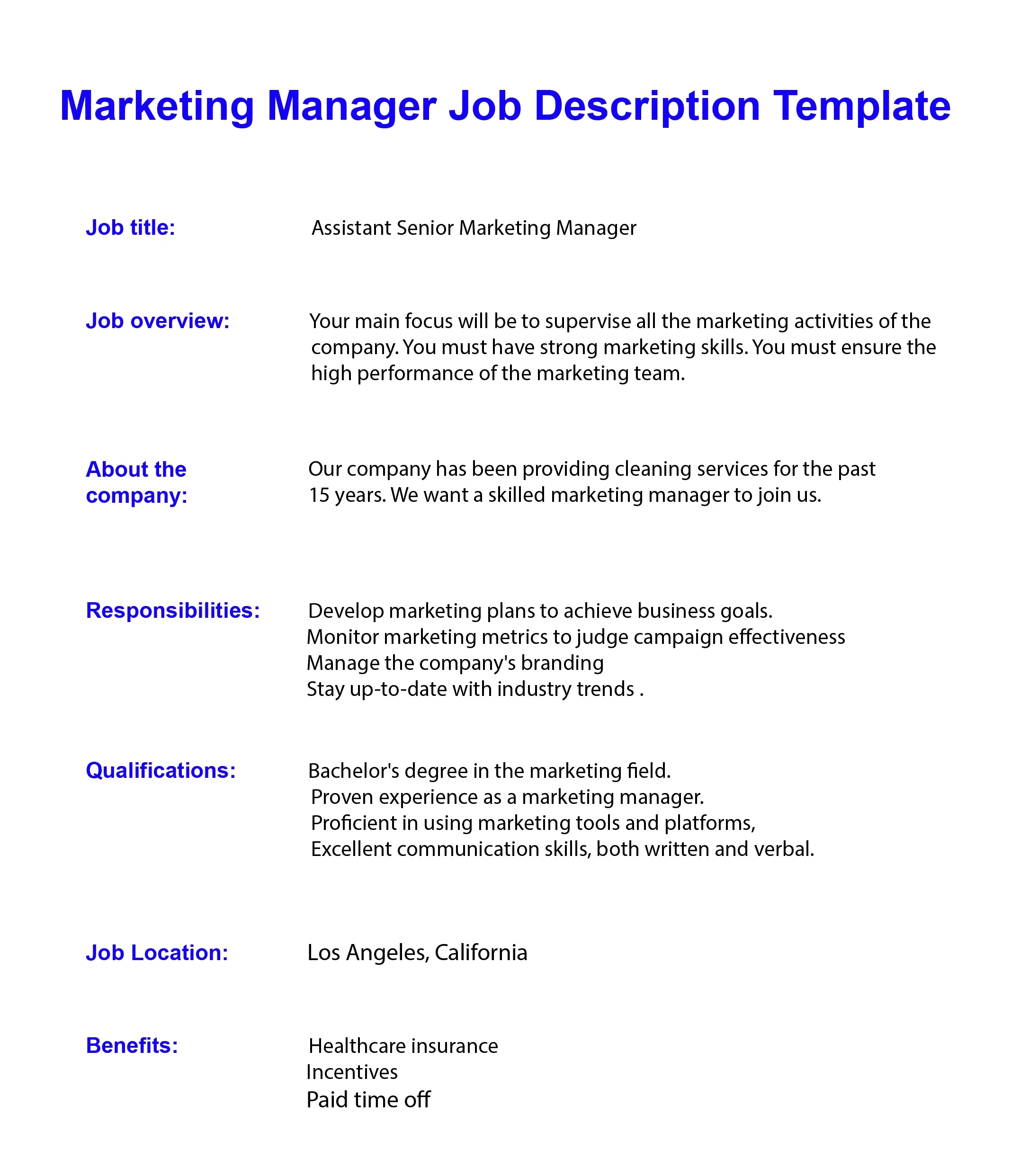 Marketing Manager Job Scope