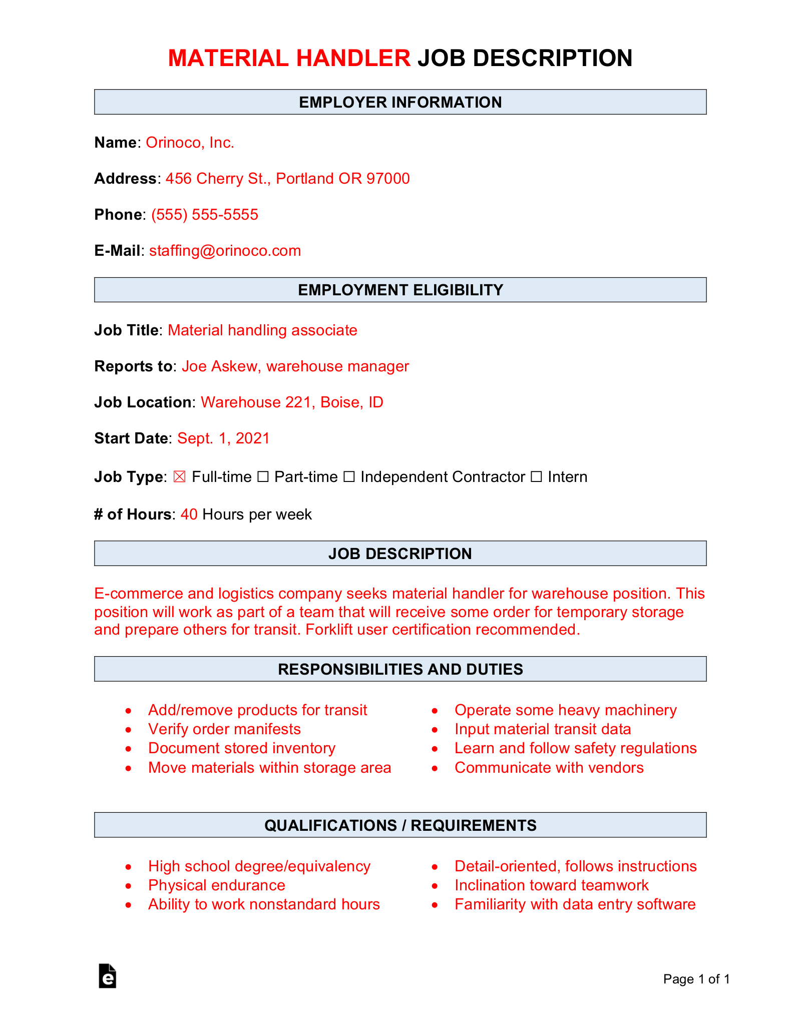 Material Handler Job Description