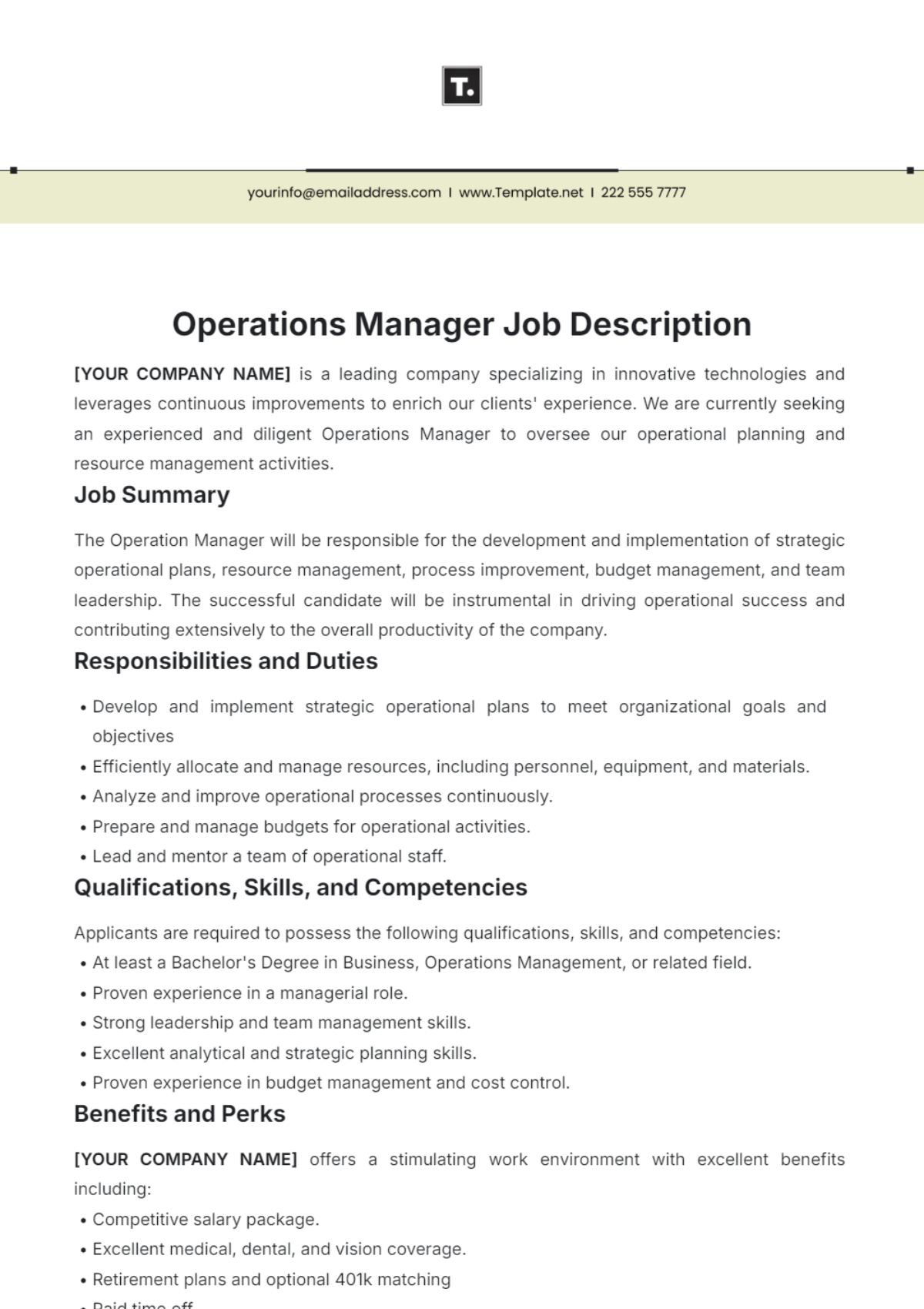 Operations Manager Job Description