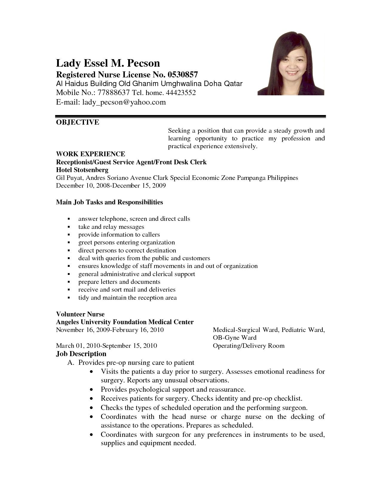 Professional Objective Resume Sample