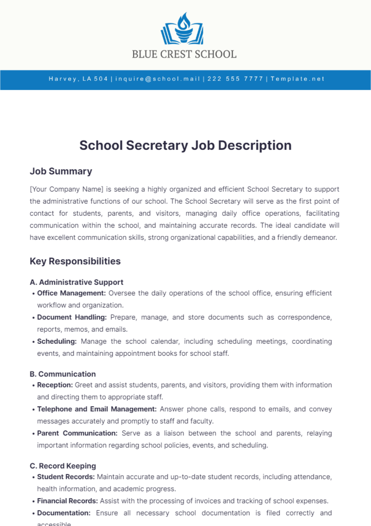 Secretary Job Desc