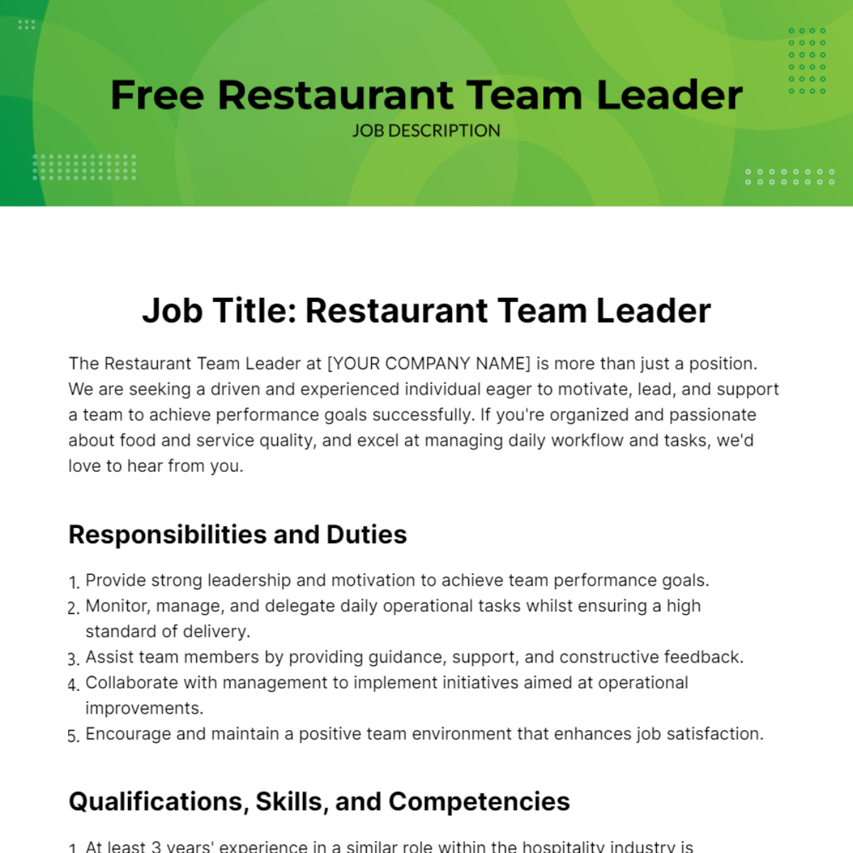 Team Lead Job Description