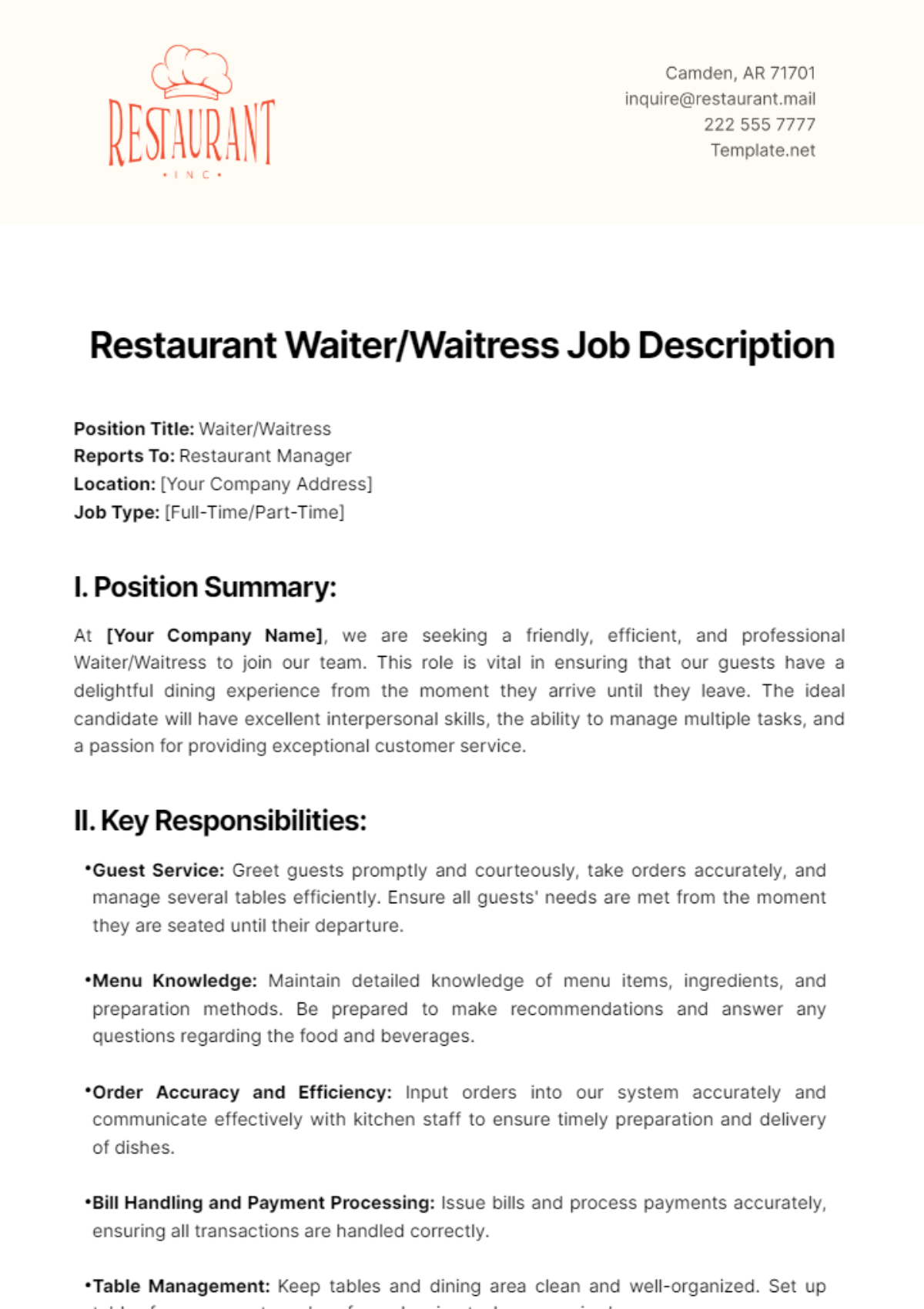 Waitress Job Role Description